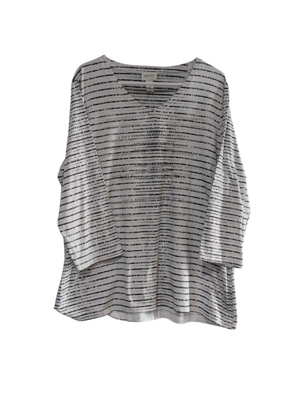 Zenergy by Chico's Women's Striped Embellished Blouse, Black White, Size 3 Large